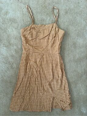 Aeropostale Tan and Cream Gingham Spaghetti-Strap Mini Dress